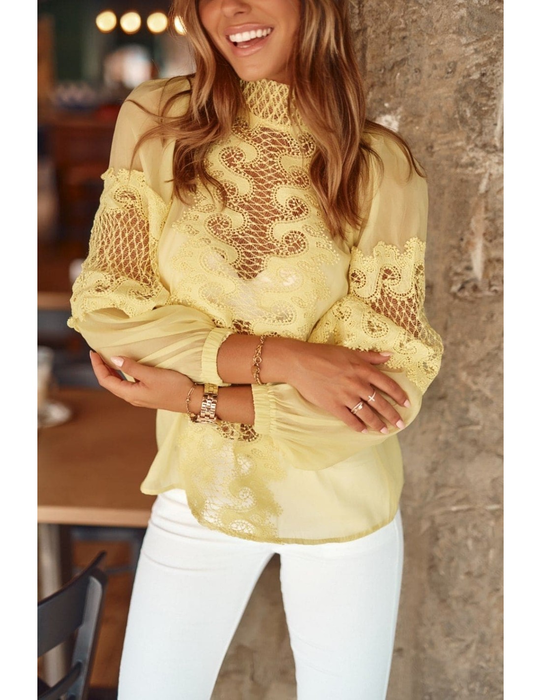 Women\'s chiffon blouse with lace, yellow 9131 - Online store - Boutique